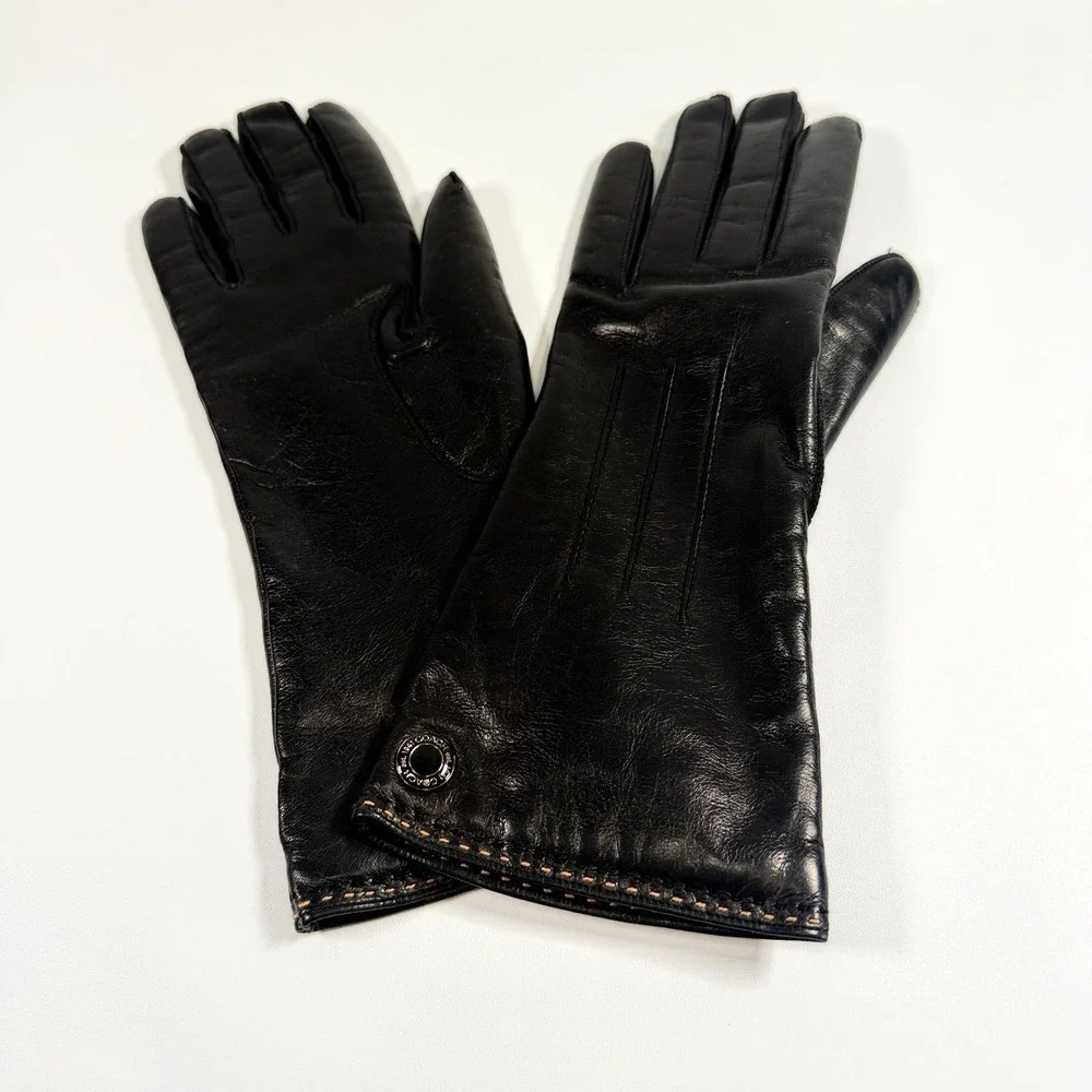 COACH Black Leather Gloves Womens Knit Lined Button Accent With Original Box